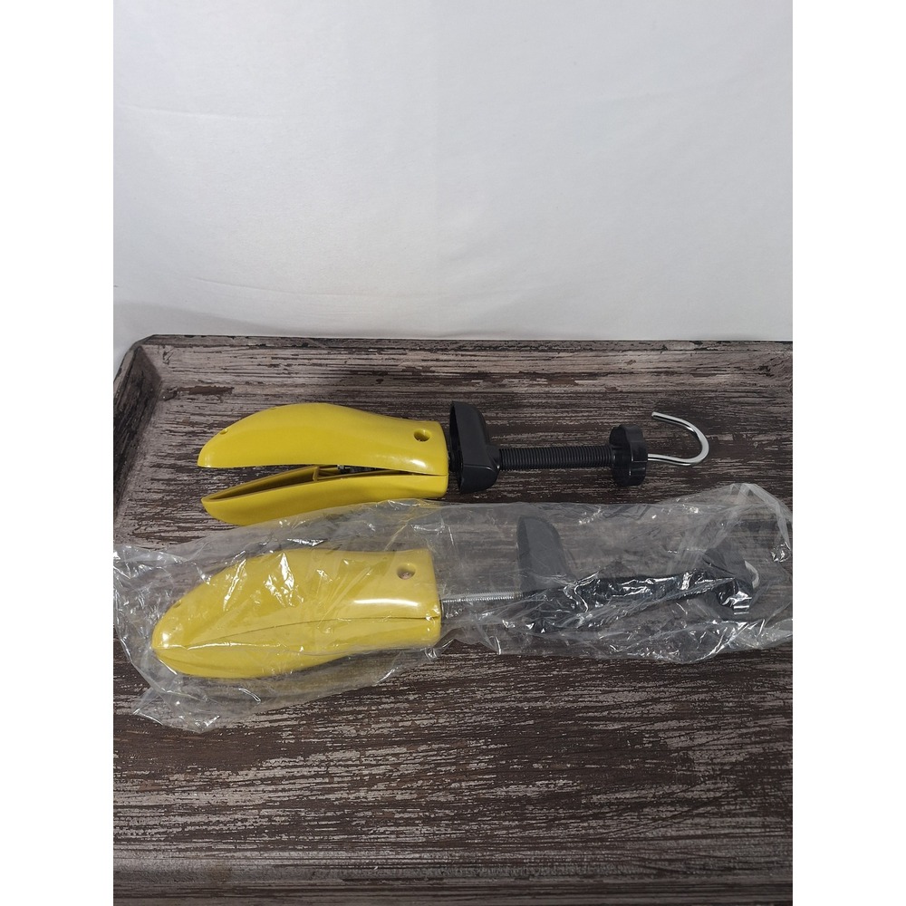 Pair of Adjustable Yellow Plastic Shoe Trees with Hanging Hook and Screw Tension